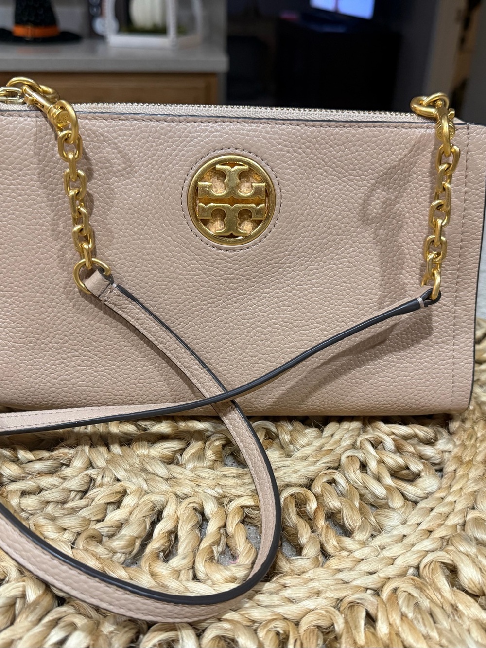 Tory Burch Pebbled Leather Crossbody Bag in Beige